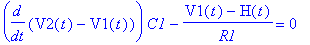 diff(V2(t)-V1(t),t)*C1-(V1(t)-H(t))/R1 = 0