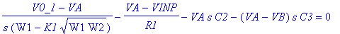 (V0_1-VA)/s/(W1-K1*sqrt(W1*W2))-(VA-VINP)/R1-VA*s*C2-(VA-VB)*s*C3 = 0