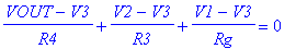 (VOUT-V3)/R4+(V2-V3)/R3+(V1-V3)/Rg = 0