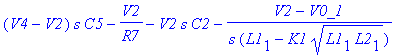 (V4-V2)*s*C5-V2/R7-V2*s*C2-(V2-V0_1)/s/(L1[1]-K1*sqrt(L1[1]*L2[1]))