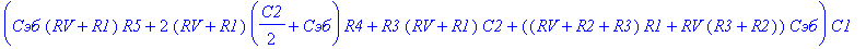 H := R5*R4*C1*s*(`Rэб`*s*`Cэб`+1+beta)*((beta*C2*R3+`Rэб`*`Cэб`)*s+1+beta)*R1/(C2*C1*((R3+R4)*R5+R3*R4)*`Cэб`^2*`Rэб`^2*((RV+R2)*R1+R2*RV)*s^4+(((((C2+`Cэб`)*(RV+R1)*R4+R3*(RV+R1)*C2+((RV+R2+R3)*R1+RV*...