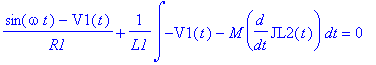 (sin(omega*t)-V1(t))/R1+1/L1*int(-V1(t)-M*diff(JL2(t),t),t) = 0