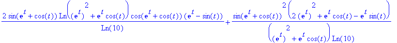 2*sin(exp(t)+cos(t))*Ln(exp(t)^2+exp(t)*cos(t))/Ln(10)*cos(exp(t)+cos(t))*(exp(t)-sin(t))+sin(exp(t)+cos(t))^2*(2*exp(t)^2+exp(t)*cos(t)-exp(t)*sin(t))/(exp(t)^2+exp(t)*cos(t))/Ln(10)
